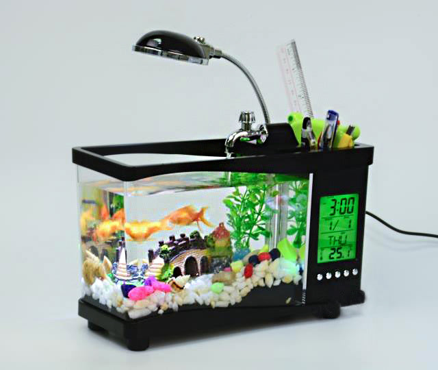 Desktop Aquarium USB Fish Tank/Alarm Clock/Lamp (Black)