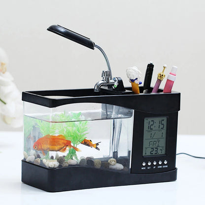 Desktop Aquarium USB Fish Tank/Alarm Clock/Lamp (Black)