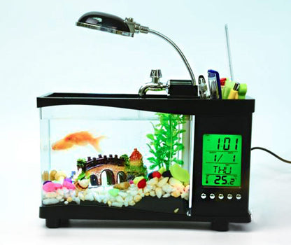 Desktop Aquarium USB Fish Tank/Alarm Clock/Lamp (Black)