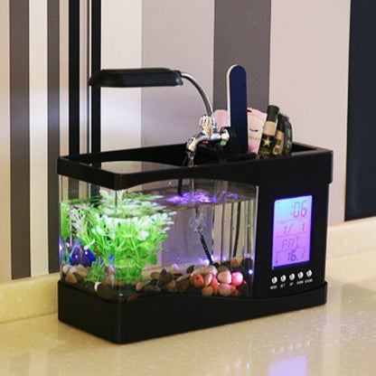 Desktop Aquarium USB Fish Tank/Alarm Clock/Lamp (Black)