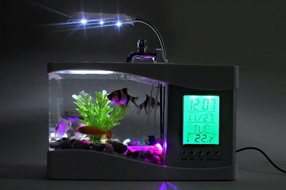 Desktop Aquarium USB Fish Tank/Alarm Clock/Lamp (Black)