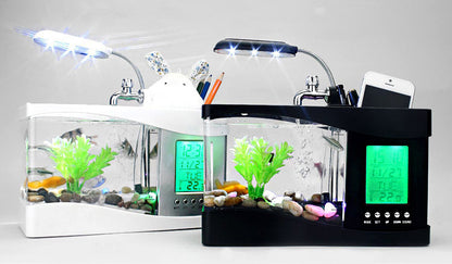 Desktop Aquarium USB Fish Tank/Alarm Clock/Lamp (Black)