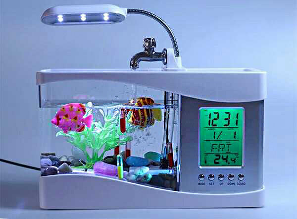 Desktop Aquarium USB Fish Tank/Alarm Clock/Lamp (White)