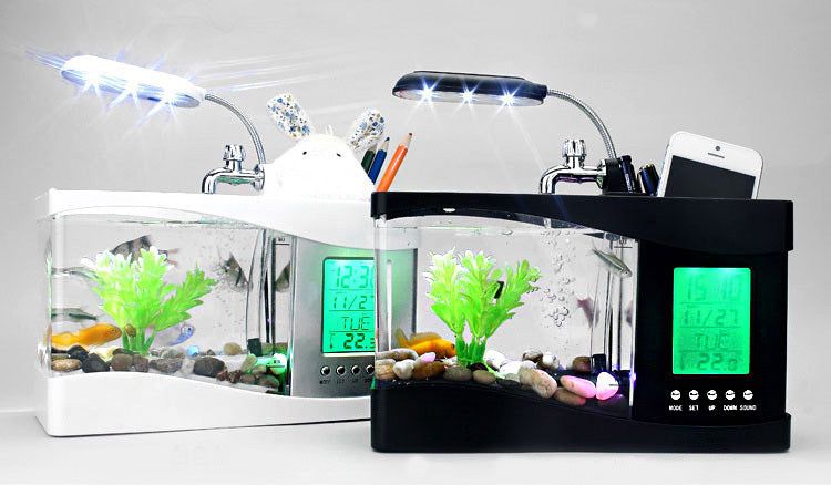 Desktop Aquarium USB Fish Tank/Alarm Clock/Lamp (White)