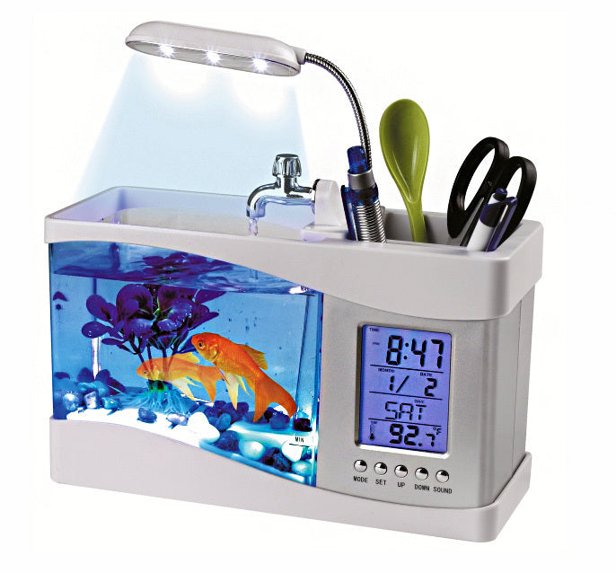 Desktop Aquarium USB Fish Tank/Alarm Clock/Lamp (White)