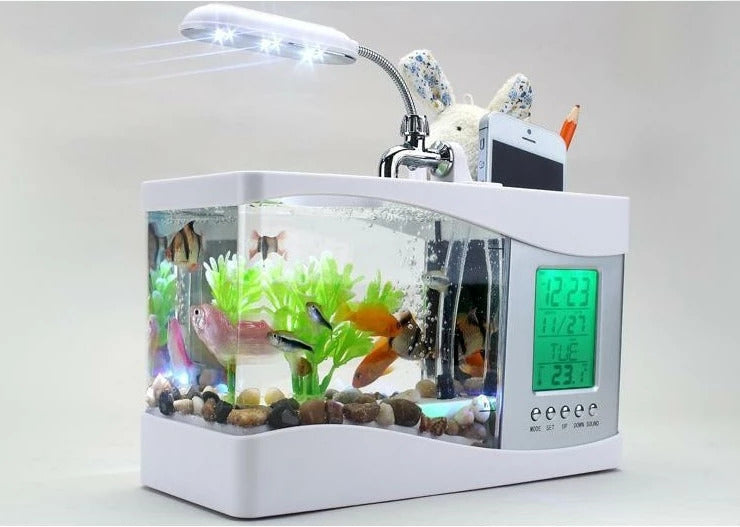 Desktop Aquarium USB Fish Tank/Alarm Clock/Lamp (White)