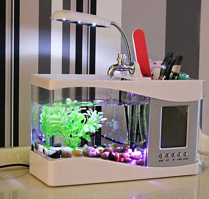 Desktop Aquarium USB Fish Tank/Alarm Clock/Lamp (White)