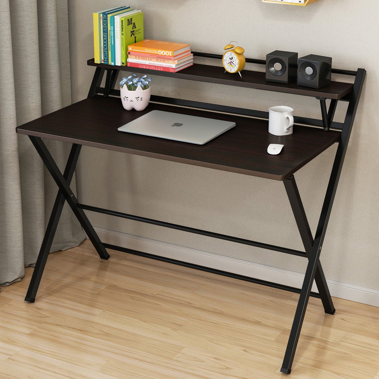 100cm Express Folding Desk with Shelf (Black Walnut)