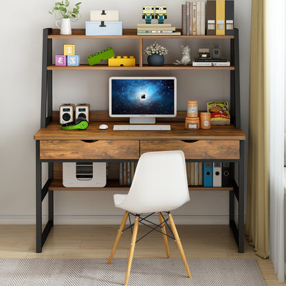 Enterprise Large Computer Desk Workstation with Shelves & Drawers (Rustic Wood)