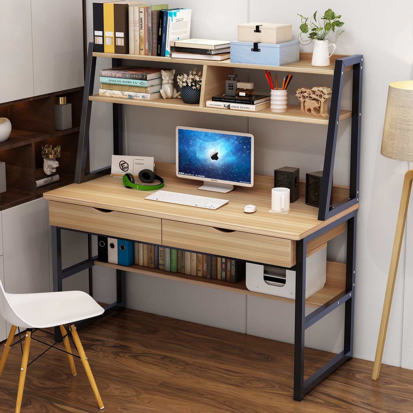 Enterprise Large Computer Desk Workstation with Shelves & Drawers (Oak)