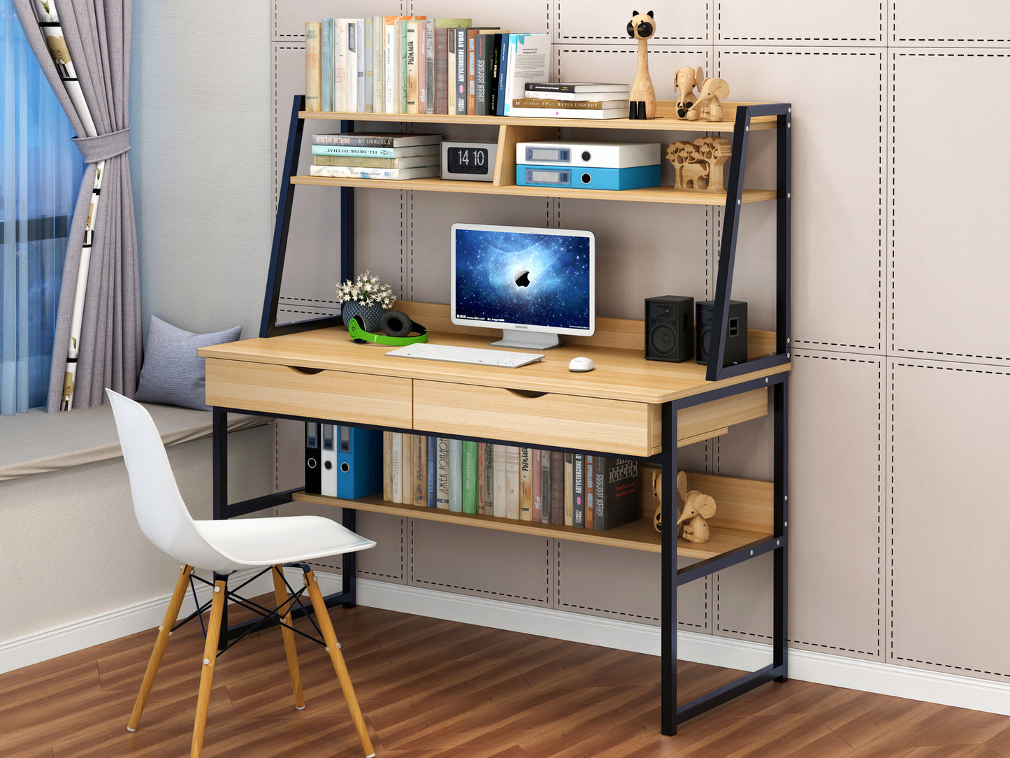 Enterprise Large Computer Desk Workstation with Shelves & Drawers (Oak)