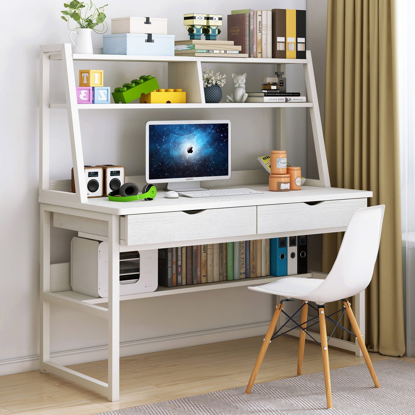 Enterprise Large Computer Desk Workstation with Shelves & Drawers (White)