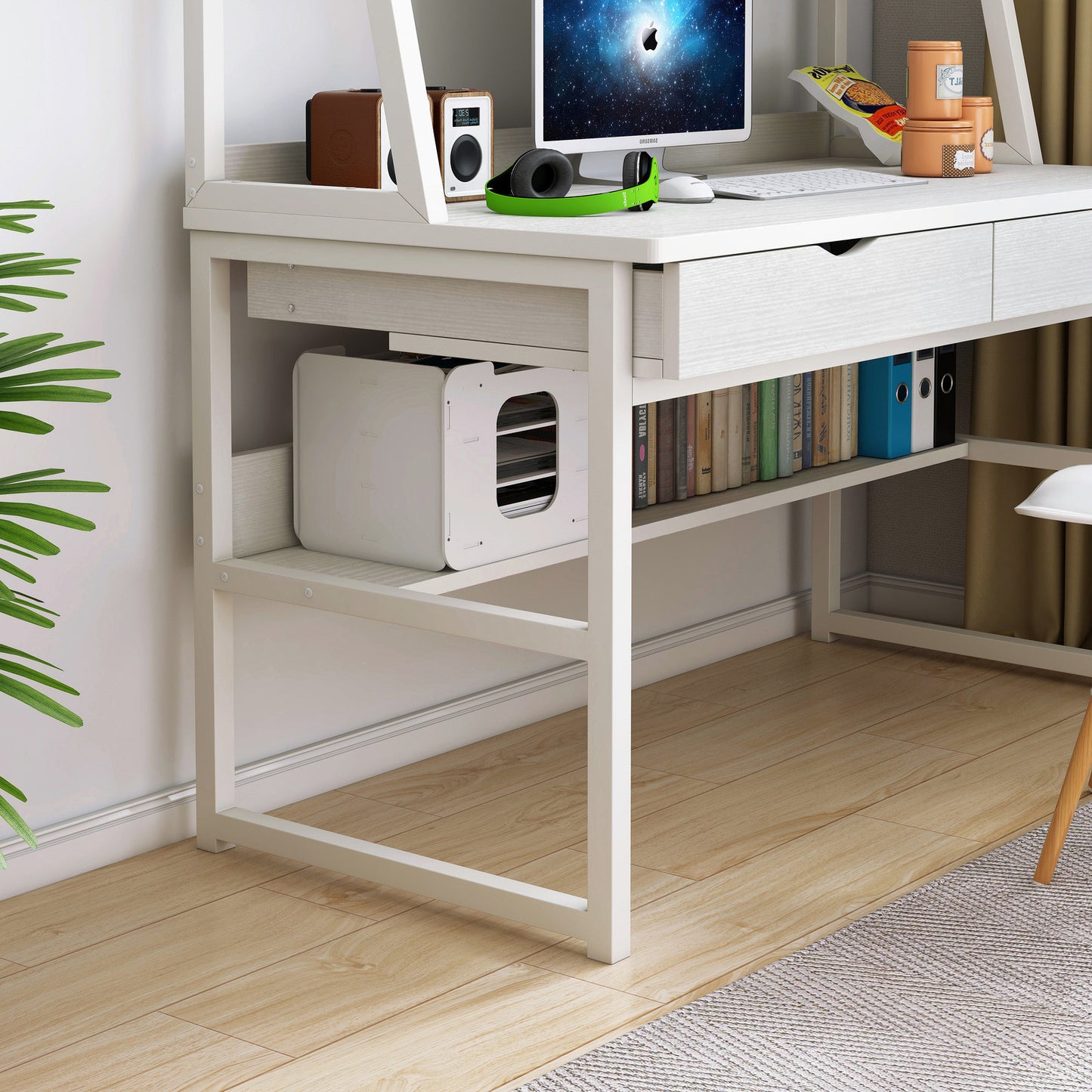 Enterprise Large Computer Desk Workstation with Shelves & Drawers (White)