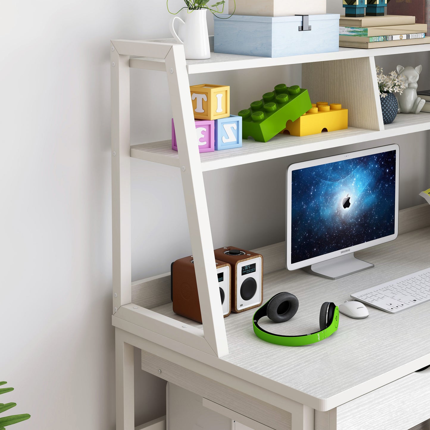 Enterprise Large Computer Desk Workstation with Shelves & Drawers (White)