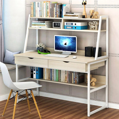 Enterprise Large Computer Desk Workstation with Shelves & Drawers (White Oak)