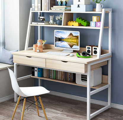 Enterprise Large Computer Desk Workstation with Shelves & Drawers (White Oak)