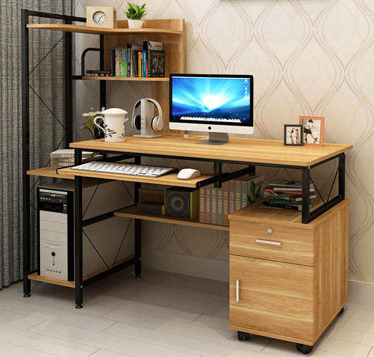 Prime Multi-function Computer Desk Workstation with Shelves & Cabinet (Oak)