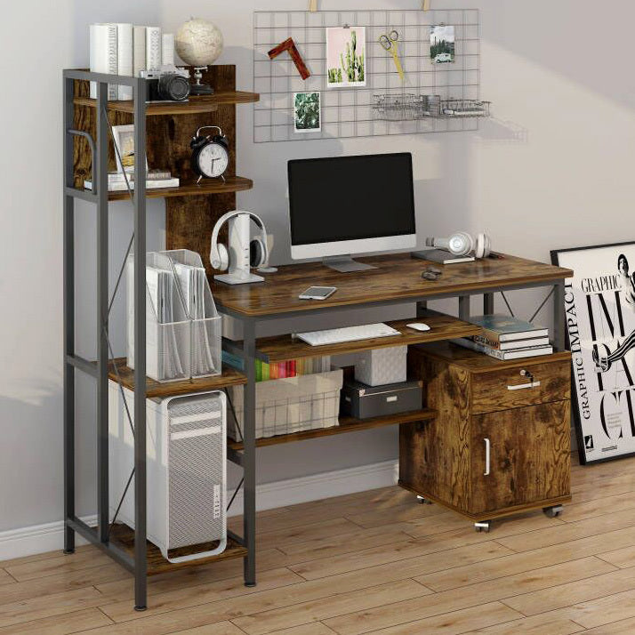 Prime Multi-function Computer Desk Workstation with Shelves & Cabinet (Rustic Wood)