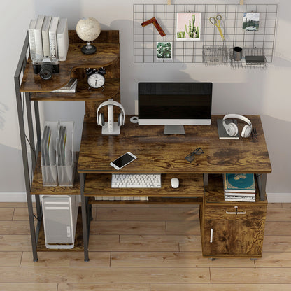 Prime Multi-function Computer Desk Workstation with Shelves & Cabinet (Rustic Wood)