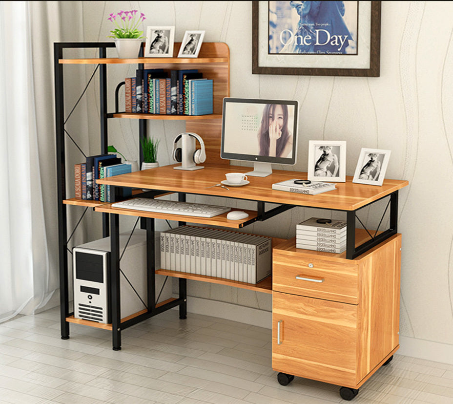 Prime Multi-function Computer Desk Workstation with Shelves & Cabinet (Oak)