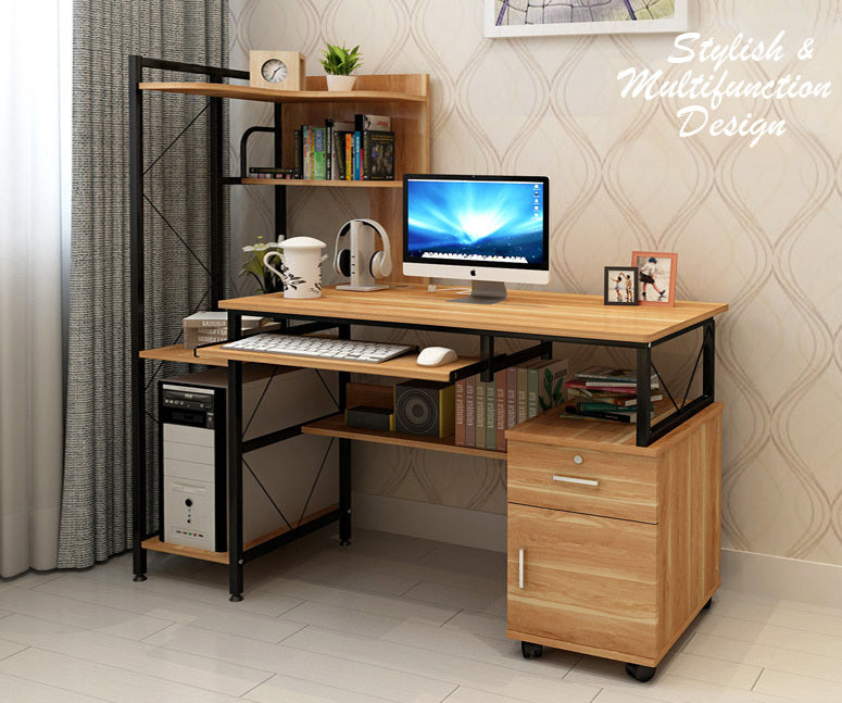 Prime Multi-function Computer Desk Workstation with Shelves & Cabinet (Oak)