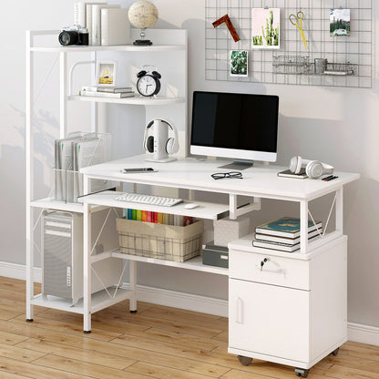 Prime Multi-function Computer Desk Workstation with Shelves & Cabinet (White)