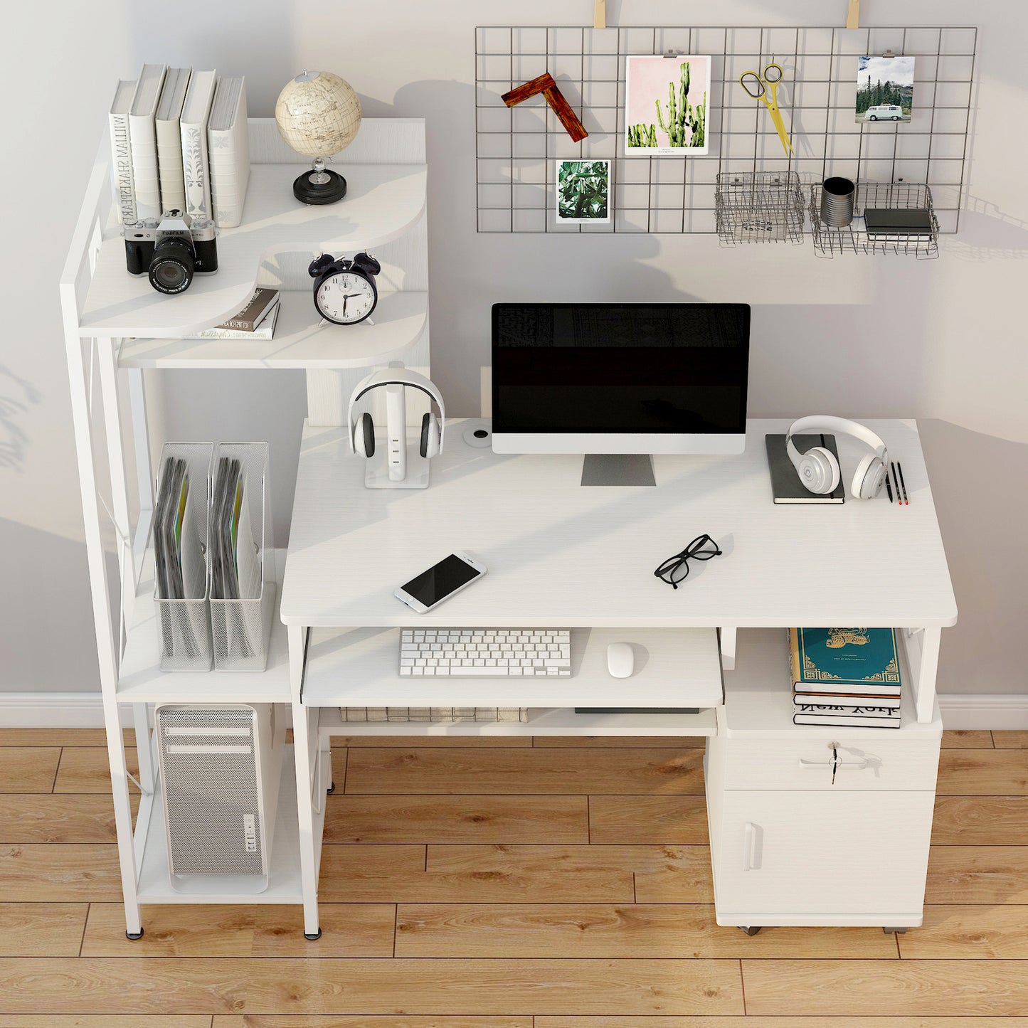 Prime Multi-function Computer Desk Workstation with Shelves & Cabinet (White)