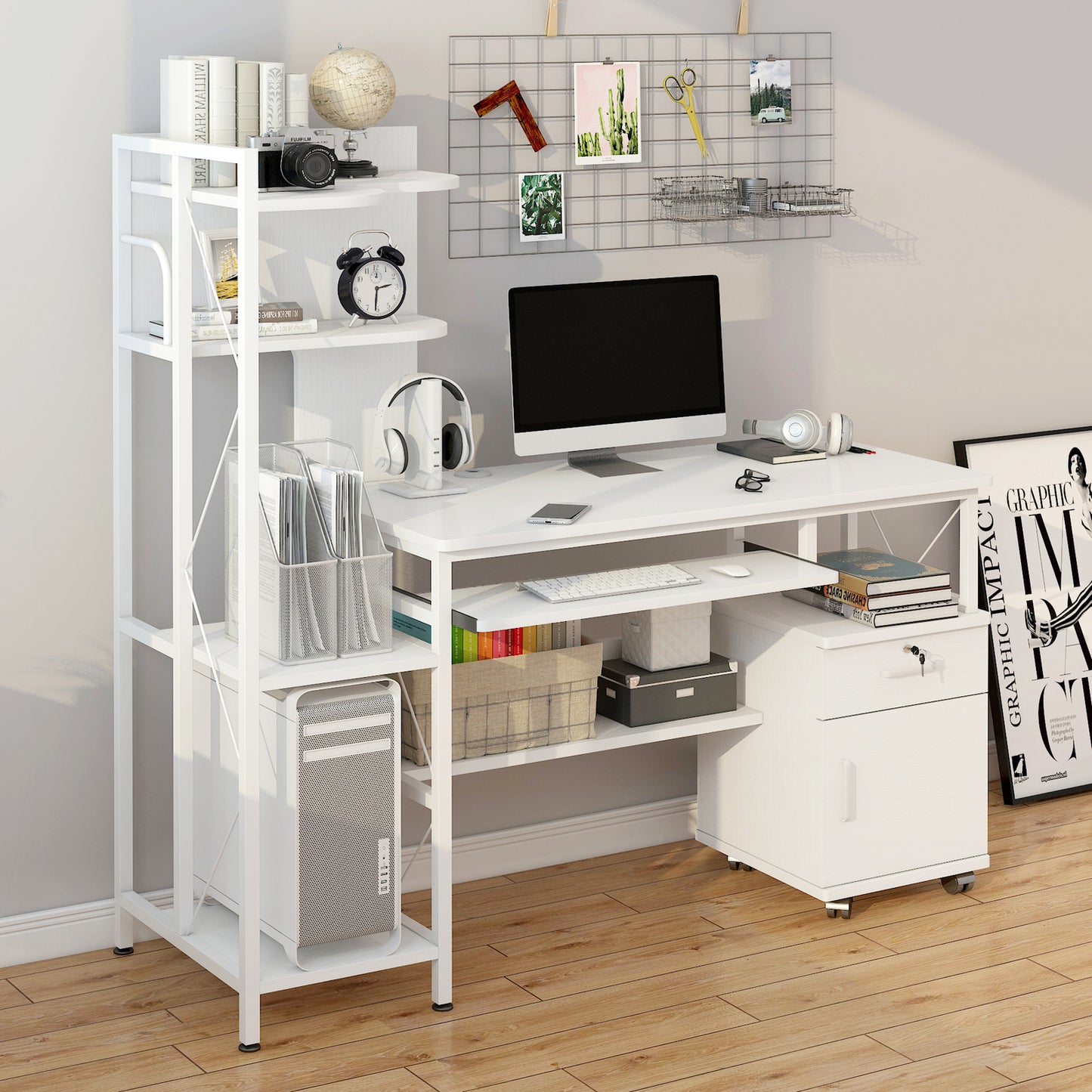 Prime Multi-function Computer Desk Workstation with Shelves & Cabinet (White)