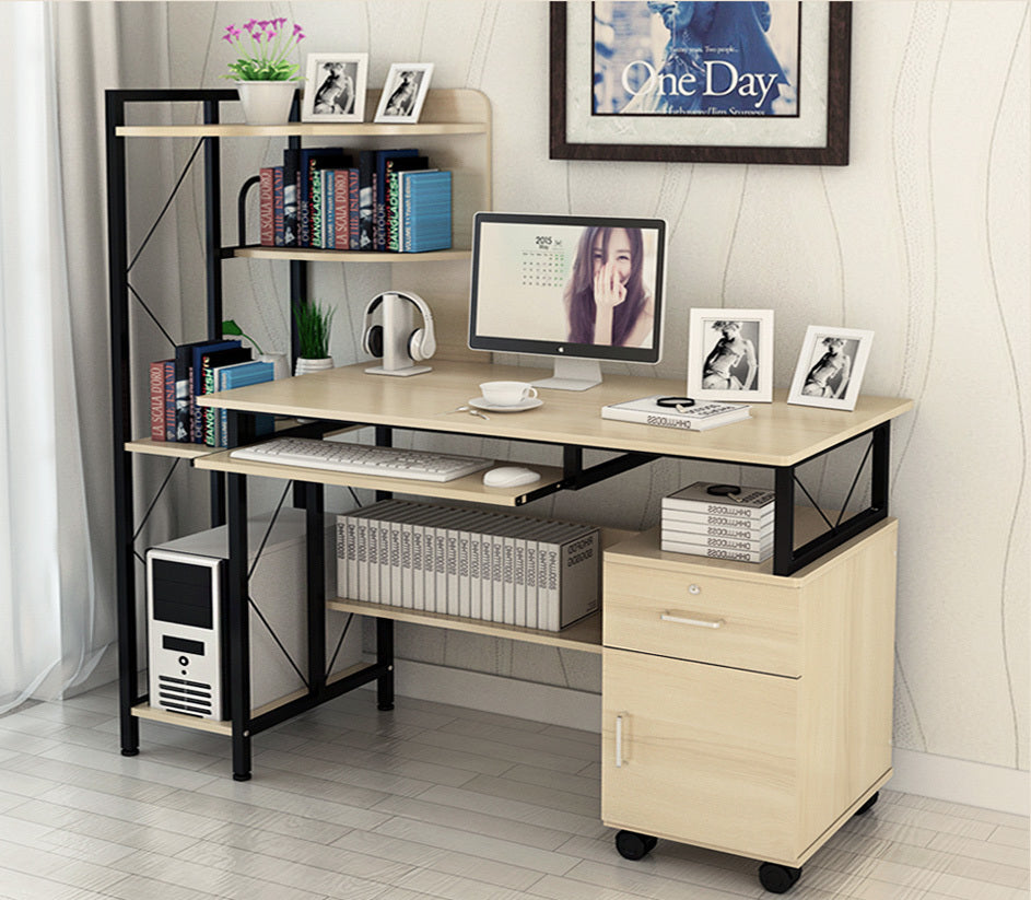 Prime Multi-function Computer Desk Workstation with Shelves & Cabinet (White Oak)