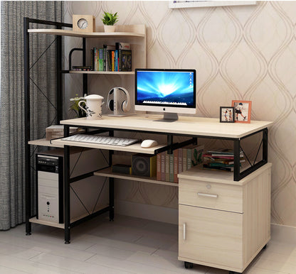 Prime Multi-function Computer Desk Workstation with Shelves & Cabinet (White Oak)