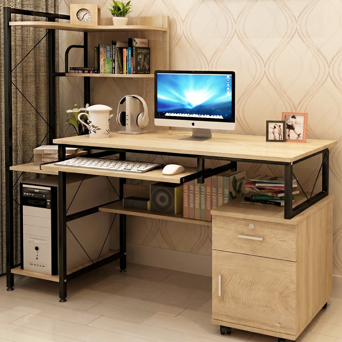 Prime Multi-function Computer Desk Workstation with Shelves & Cabinet (Coastal Oak)