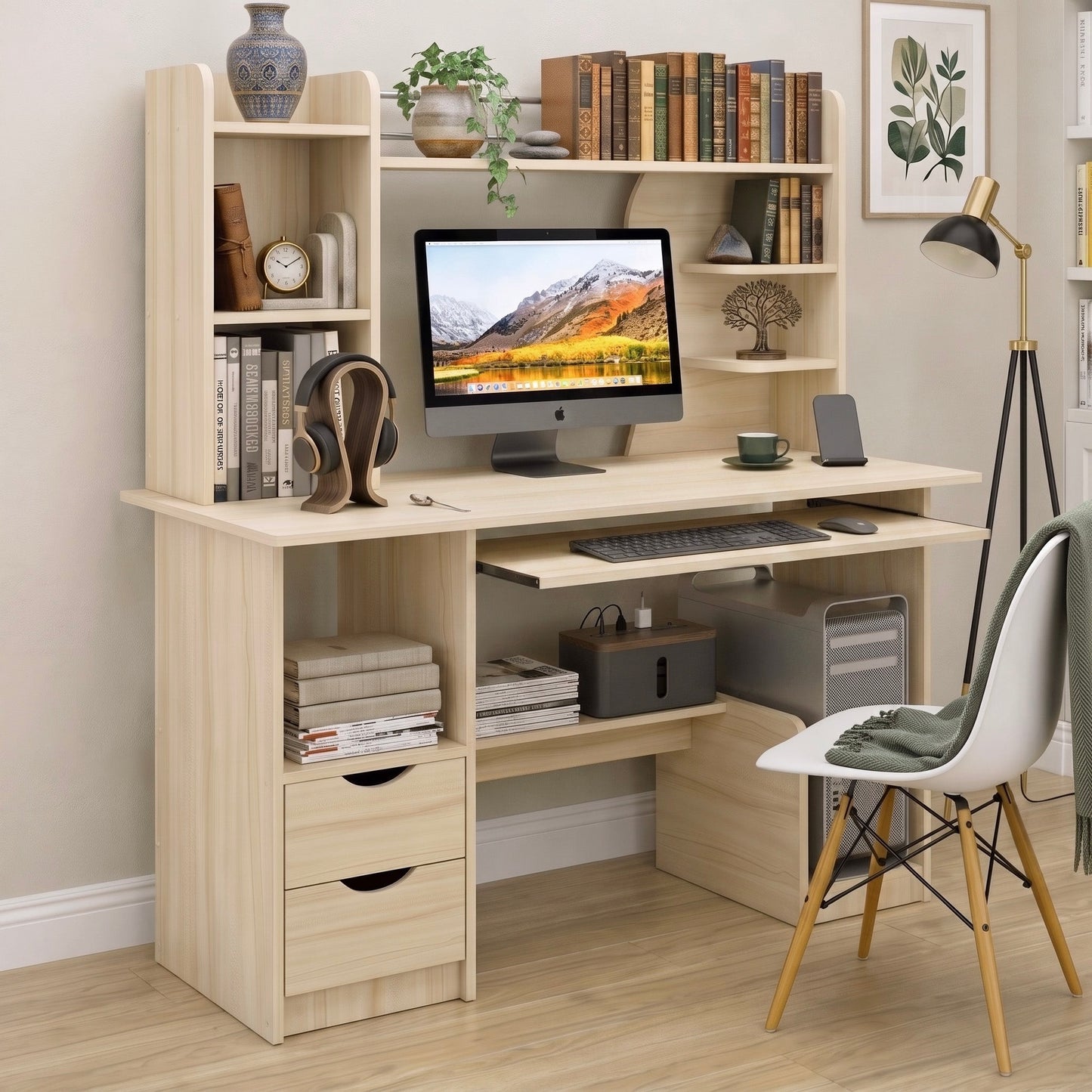Expert Computer Desk Workstation with Shelf & Cabinet  (White Oak)