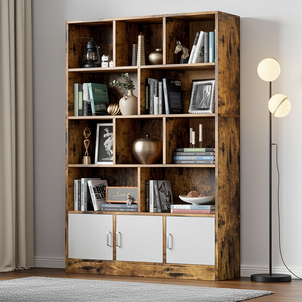 Alpha 10-Shelf 3-Door Wardrobe Cupboard Bookshelf Cabinet (Rustic Wood)