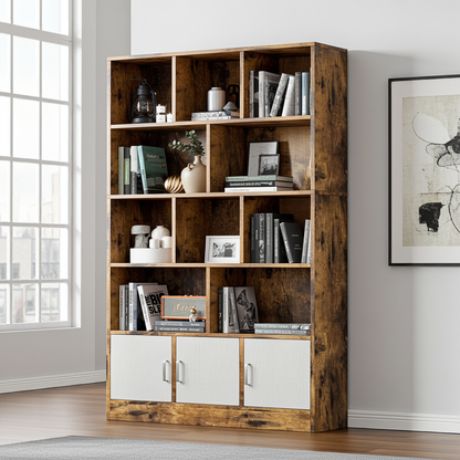 Alpha 10-Shelf 3-Door Wardrobe Cupboard Bookshelf Cabinet (Rustic Wood)