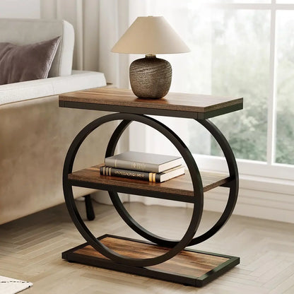 Eclipse Rustic Wood and Metal Round Side Table with Shelves