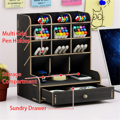 Multi-function Wooden Pen Holder Desktop Organizer Storage Box with Drawer (Black)