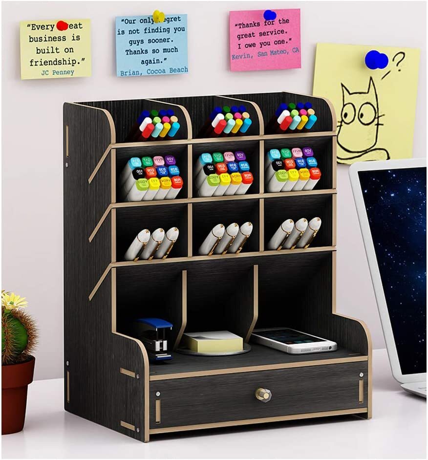 Multi-function Wooden Pen Holder Desktop Organizer Storage Box with Drawer (Black)