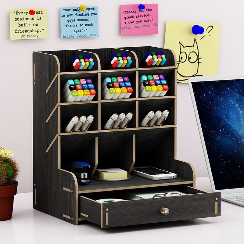 Multi-function Wooden Pen Holder Desktop Organizer Storage Box with Drawer (Black)