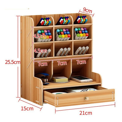 Multi-function Wooden Pen Holder Desktop Organizer Storage Box with Drawer (Oak)