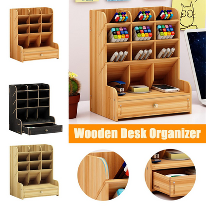 Multi-function Wooden Pen Holder Desktop Organizer Storage Box with Drawer (Oak)