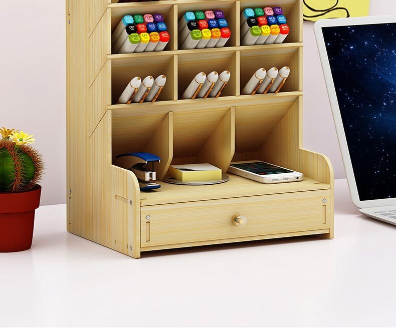 Multi-function Wooden Pen Holder Desktop Organizer Storage Box with Drawer (White Oak)