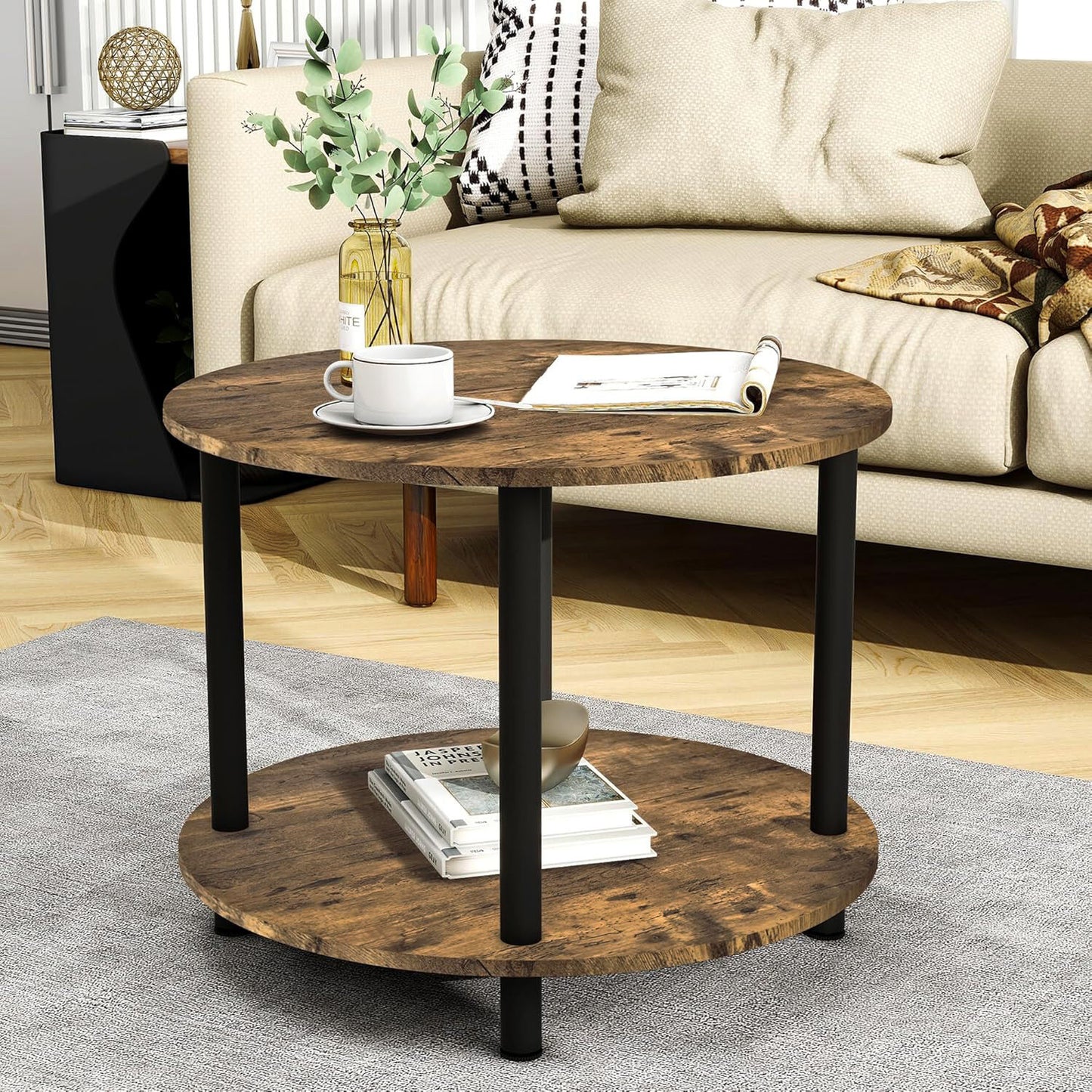 Gem Round Rustic Wood Metal Round End Coffee Table with Storage Shelf