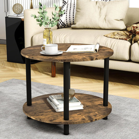 Gem Round Rustic Wood Metal Round End Coffee Table with Storage Shelf