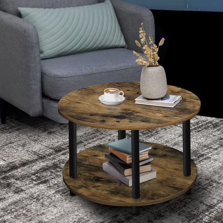 Gem Round Rustic Wood Metal Round End Coffee Table with Storage Shelf