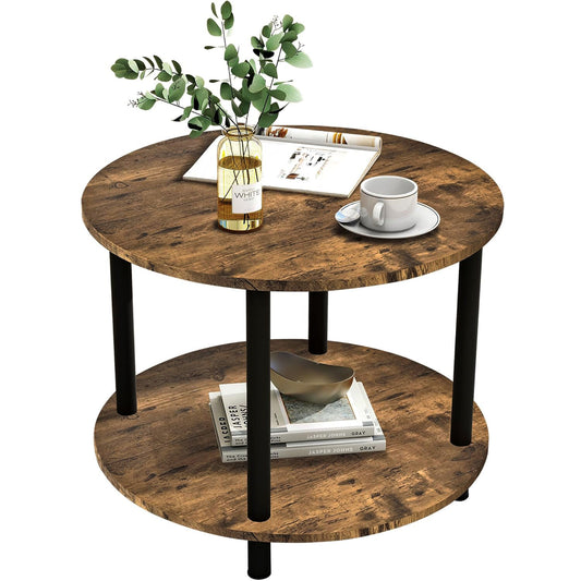 Gem Round Rustic Wood Metal Round End Coffee Table with Storage Shelf