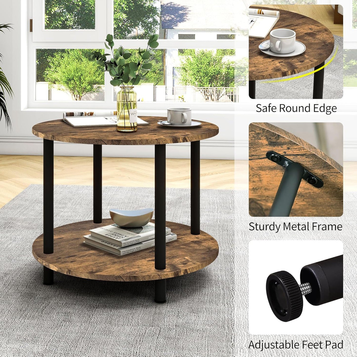 Gem Round Rustic Wood Metal Round End Coffee Table with Storage Shelf