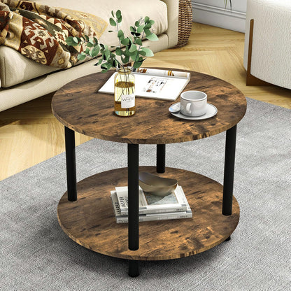 Gem Round Rustic Wood Metal Round End Coffee Table with Storage Shelf