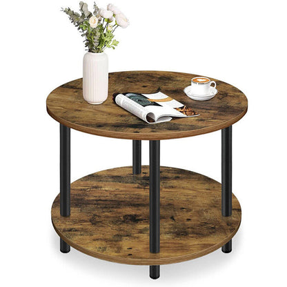 Gem Round Rustic Wood Metal Round End Coffee Table with Storage Shelf