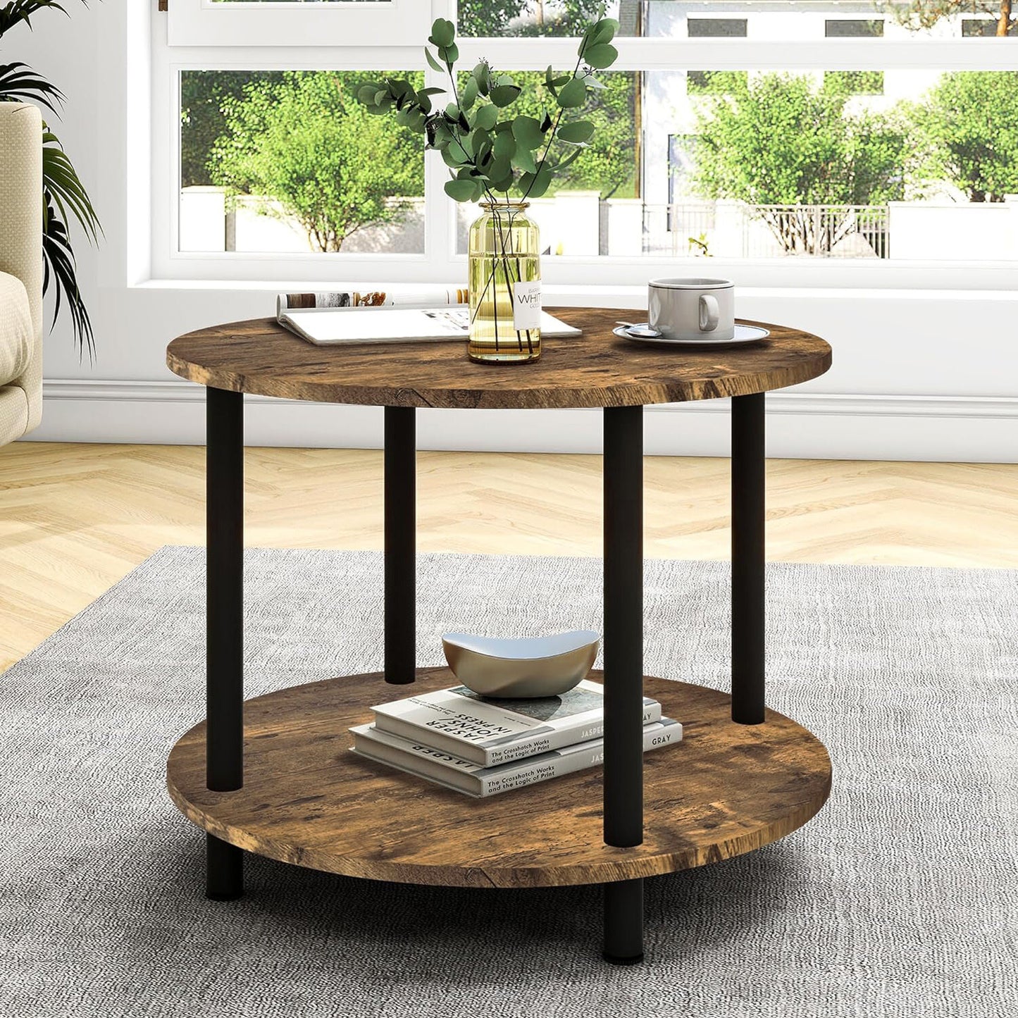 Gem Round Rustic Wood Metal Round End Coffee Table with Storage Shelf