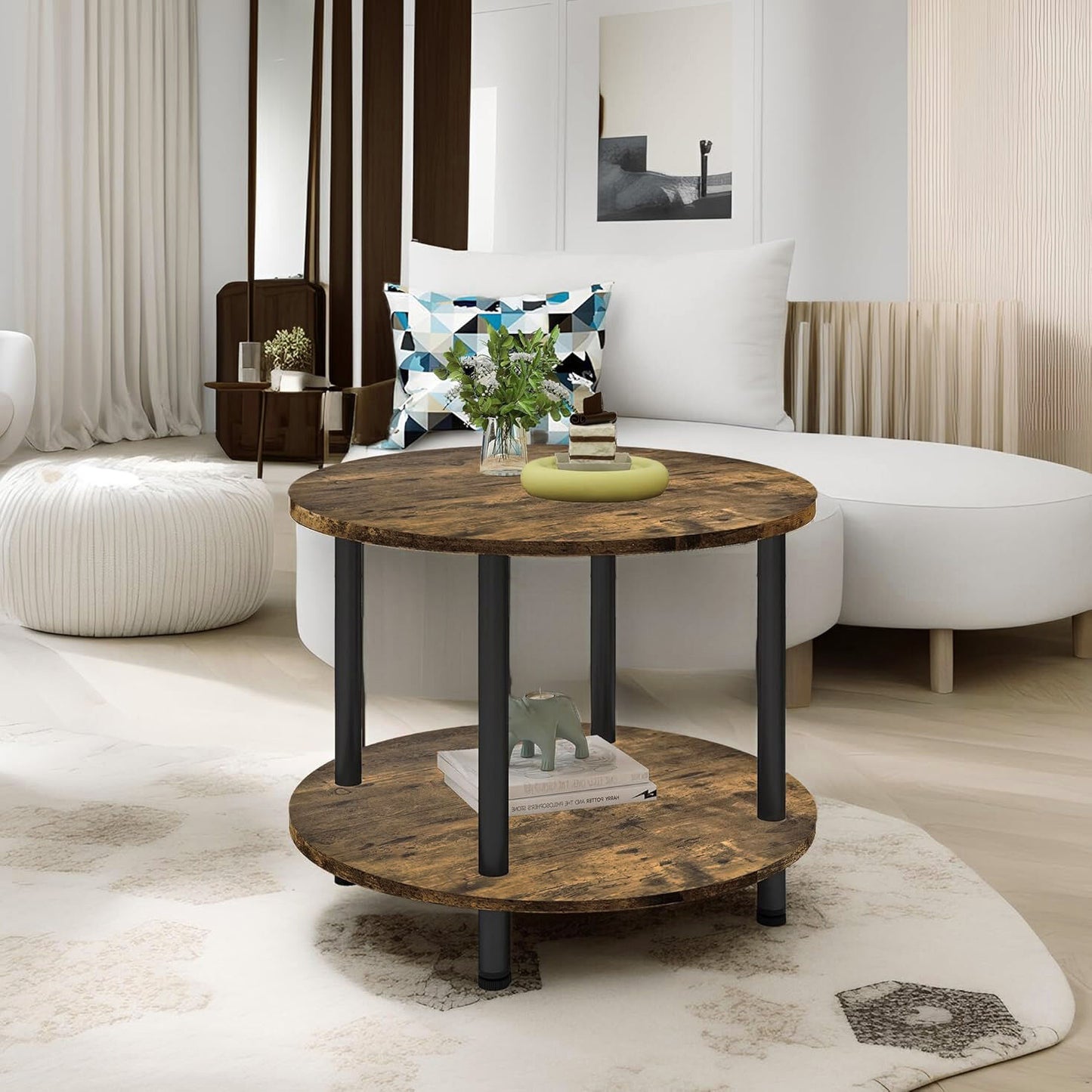 Gem Round Rustic Wood Metal Round End Coffee Table with Storage Shelf